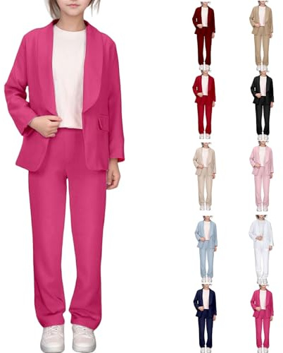 Girls' Trousers Suits Kids Formal 2 Piece Prom Suit Solid Color Lapel Blazern and Straight Leg Suit Pants Wedding Party Formal Outfit Kids Long Sleeve Leisure School Stagehost Costumes, (13-14 Years)
