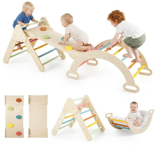 COSTWAY 7 en 1 Triángulo de Escalada de Madera para Niños, Juego de Escalada con Triángulo, Arco, Rampa para Deslizarse o Escalar, Set de Escalada Montessori para Niños 1+ Año