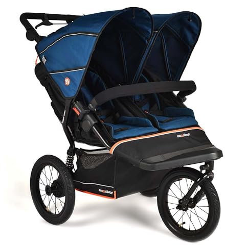 Out'n'About Nipper Double V6 Plus Pushchair with Raincover, Certified Running Buggy, Lightweight One-Hand Fold All-Terrain Twin Stroller Pram with Suspension, 14” Air-Filled Wheels (Highland Blue)