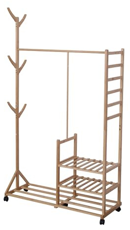 Relaxdays bambu klädhängare med 4 hyllor, 6 krokar, hjul, 176 x 100 x 38 cm, naturlig