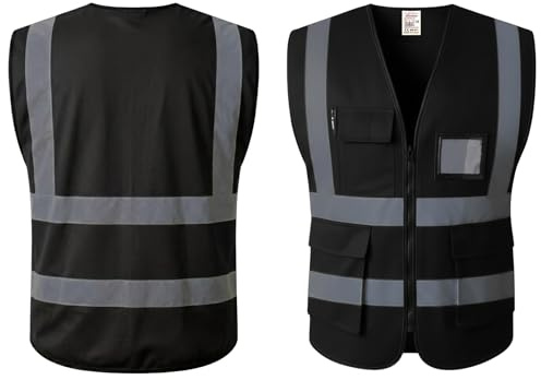 eforeasy Hi Vis Vest Black Zipped with Pockets – Reflective Executive Safety Vest for Security, Cycling & Construction – High Visibility Workwear Unisex. Durable, Functional, EN Compliant.