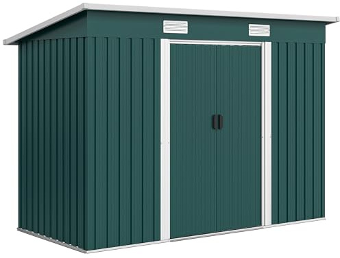 Outsunny Casetta da Giardino 3.18m² in Acciaio Zincato con Prese d'Aria, Capanno Porta Attrezzi con Doppia Porta Scorrevole Bloccabile, Tetto Inclinato, Guanti, 272x134x182 cm, Verde Scuro