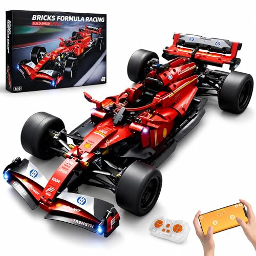 AoreSpty RC bil Byggsats - 1:10 Röd F1 Modellbil att bygga själv med LED & Motor, 1086 delar Avancerad konstruktionsleksak för barn och vuxna, STEM byggsats mekanik & Fjärrstyrd bil