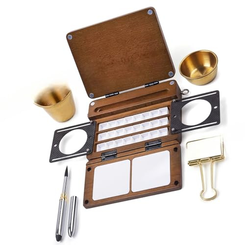 Tavolozza per acquerelli portatile con 24 pozzetti, pieghevole, in legno, per artisti, principianti, viaggi, pittura, schizzi, set di pittura pieghevole da viaggio