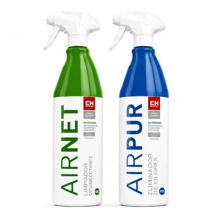 CARAMT | AIRNET + AIRPUR Limpiador higienizante y eliminador de olores para Aire Acondicionado | 2 pulverizadores x 750 ml