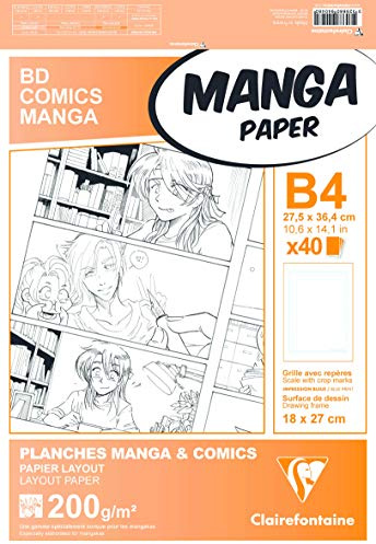 Clairefontaine 94048C Étui Manga et Multi-techniques - 40 Feuilles Papier Dessin Blanc Lisse B4 27,5x37,4 cm 200g - Papier imprimé avec une Grille divisée en 6 Cases - Idéal pour les Feutre à Alcool