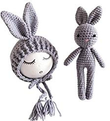 Matissa Newborn Baby Crochet Knit Costume Photography Prop Baby Bunny Hat and Doll Set (Grey)
