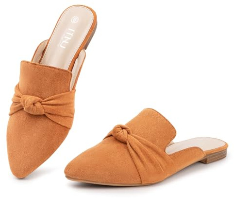 MUSSHOE Suede Bow Mules for Women - Pointed Toe Loafers with Soft Memory Foam, Comfortable Slip On Dressy Flats for Office & Casual,Tan 8