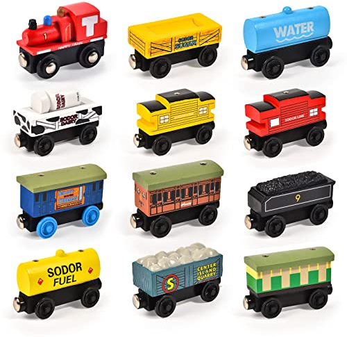 Atoylink 12STK Holzzug Montessori Magnetzug Set Holzspielzeug Holzeisenbahn Zug Spielzeug Motoren Autos Motorikspielzeug Baby Kinderspielzeug Fahrzeuge Geschenk für Jungen Mädchen 2 3 4 5 6 7 8 Jahren