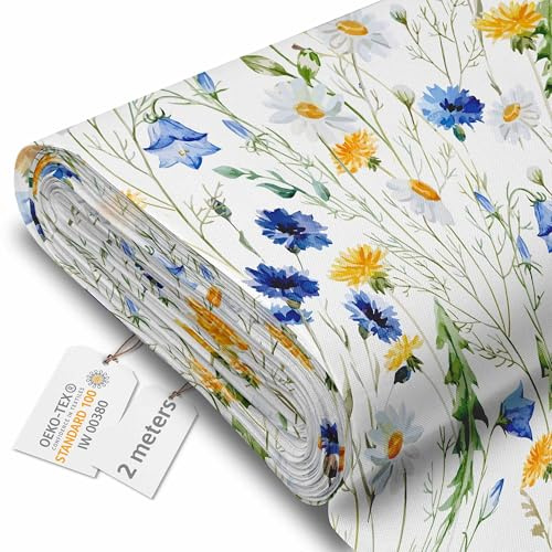 DreamRoots Segeltuch Wasserdicht - Polsterstoff Meterware 160 cm breit - Wasserabweisender Stoff 220 g/m2 600D - Markisenstoff Wasserdicht Meterware Country Meadow 2M