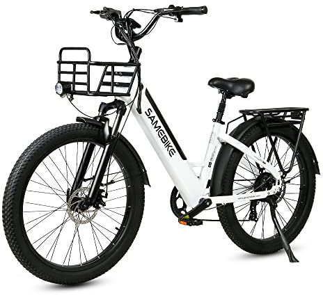 SAMEBIKE Bicicleta eléctrica 26 Fatbike Bicicleta Montaña Ebike, 48V/14Ah Batería, 7 Vel,Pedal Assist, (Blanco)