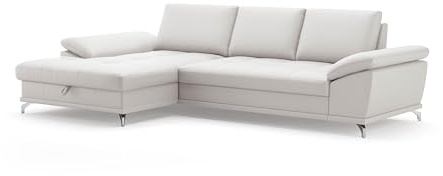 Cavadore Divano angolare Castiel con anima a molla/divano angolare con grande longchair, regolazione della profondità della seduta e piedini in metallo nero opaco / 301 x 89 x 176 / vera pelle, bianco
