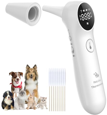 Pet Ear Thermometer for Dogs, Cats, and Livestock, Long Probe Designed, ℃/ ℉ Convert and Sound Switch Dedicated Button, 1 Second Measurement, 20 pcs Pet Swabs Included