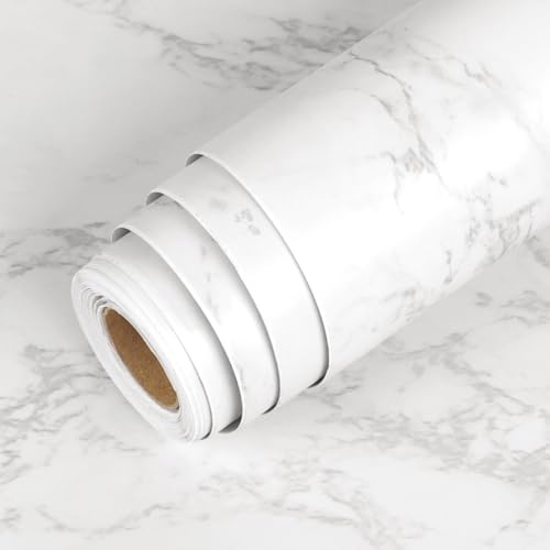 LaCheery Pellicola Adesiva per Mobili Top Cucina Effetto Marmo Bianco Grigio 90cm x 400cm Vinyle Carta Adesiva per Mobili Cucina Tavole Carta da Parati Bianco Pellicola Marmo Impermeabile