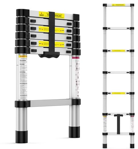 Glowsol 6.6FT Aluminum Telescoping Ladder, Folding Collapsible Multi-Purpose Extension Ladder with Non-Slip Feet, Portable for Home, RV, Loft, Outdoor Work, Silver