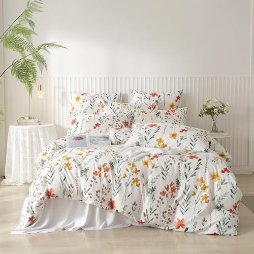 DXHOME Ropa de cama con flores 220x240cm renforcé multicolor blanco verde con patrón de flores hojas plantas botánico ropa de cama de verano microfibra suave funda nórdica con cremallera y 2 fundas de