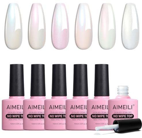 AIMEILI Capa Superior de Brillo de Perlas Esmalte en Gel,6 Botellas 10ml destellar para uñas, Sin crueldad Vegano UV LED Gel de arcoíris con brillo para uñas, Fácil de usar, Set 75