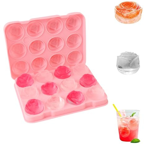 Yuqilin Molde de silicona para hielo, bandeja de cubitos de hielo rosa, molde de silicona con tapa para rosas, cubitos reutilizables, para zumos de frutas, cócteles, whisky, chocolates