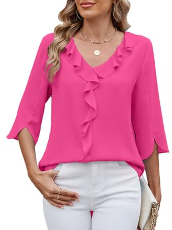 ROFUSSO Blusa Mujer Elegantes Blusas de Manga Larga Blusa de Negocios 3/4 Manga V-Cuello Ruffle Tops Blusa Casual Verano(Rosa,M)
