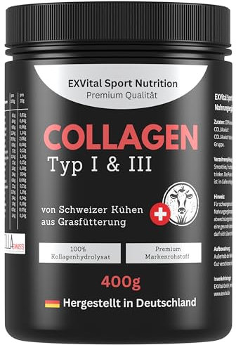 Collagen Pulver, 400g Premium Collagen von Schweizer Alpenkühen aus Grasfütterung, bioaktives Kollagenhydrolysat Peptide, Eiweiss Pulver- Geschmacksneutral, Kollagen Typ 1 & 3, hochdosiert