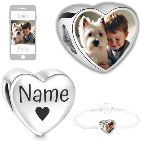Personalisierter 1x Schmuck mit Bild, Foto-Charm kompatibel mit europäischem Schlangenarmband, Liebe Herz – Fügen Sie Ihr Bild hinzu, Eingravierter personalisierter Text, Name, Edelstahl (Name Herz)