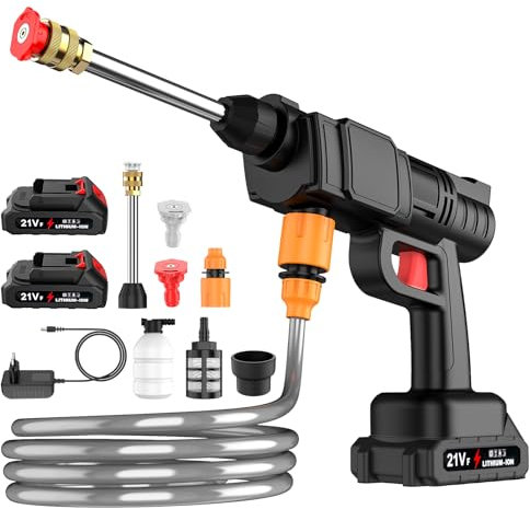 Nettoyeur Haute Pression 30Bar, Nettoyeur Haute Pression san Fil avec 2× 6000mAh Batteries, Chargeur et Tuyau de 5M, 435 PSI Pistolet Haute Pression Batteries Idéal pour Outillage de Jardin motorisé