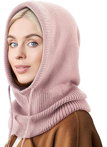 DRESHOW Wintermützen für Damen Balaclava Strickmütze Skull Cap mit Kordelzug Warmer Kapuzenschal Mütze