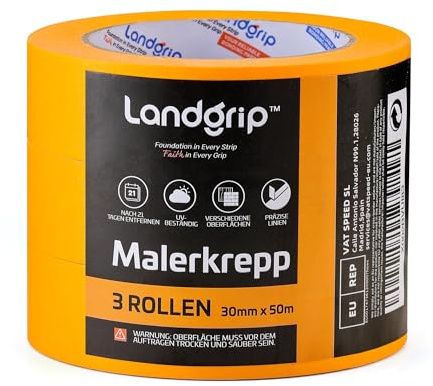 landgrip Malerkrepp Profi Abdeckband 3 Rollen 30mm x 50m - Malerband Kreppband für Innen und Außen, UV-beständig für Schnelle & Saubere Renovierung und Handwerken