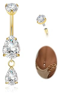 LOAYHOAY 14G G23 Pure Titanium Dangle Belly Button Ring for Women Dangling CZ Navel Ring Teardrop Curved Barbell Belly Rings Internally Threaded Belly Piercing Jewelry Gold 10mm