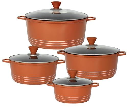 GRACE KITCHEN Cookware - 4Pc Die Cast Aluminium Non Stick Casserole Pots with Lids – Induction Stockpot Set for All Hobs – Tempered Glass Lids with Steam Vent