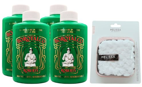 SET: Talco In Barattolo, Talco in Polvere Multiuso Assorbente e Rinfrescante, Per Una Pelle Vellutata. Adatto Per Uomo, Donna e Bambini 200g + Spugna Per Il Viso (4 Barattoli+Spugna)