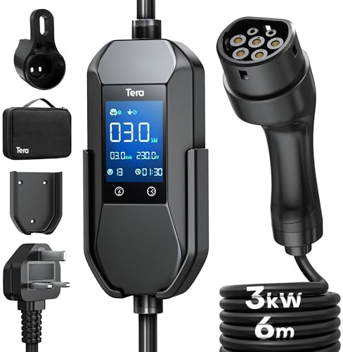 Tera EV Charger 3 Pin Plug: 6M 3kW Type 2 Charging Cable 6-13A Portable IP66 Electric Car Charger with 2.8'' LCD Display 5H Delay Time with Cable Holder & Bag for Home Outdoor Charging P06
