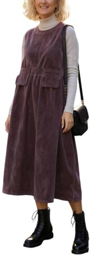 Goolecrimp Robe Chasuble Ample sans Manches en Velours côtelé pour Femme, Style Vintage Artistique mi-Longue avec Ourlet Fendu et Poches Mode Printemps/Automne (Violet,TG)