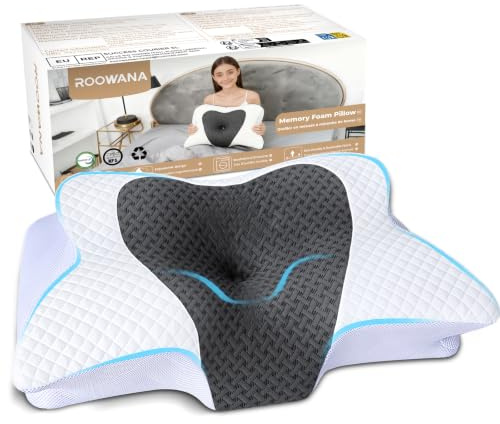 ROOWANA Oreiller Ergonomique Cervical, Oreiller Mémoire Forme - Oreillers Ergonomiques pour la Nuque, Coussin Cervicales à Double Hauteur pour Dormeurs Côté/Dos/Ventre, 61,7 x 37 x 13/13,6 cm, Gris