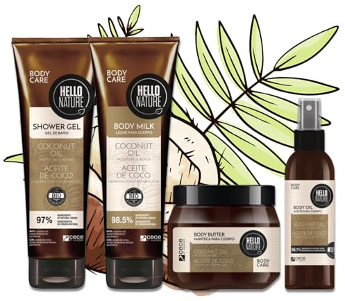 P-Beauty Lot de 4 produits cosmétiques naturels pour le corps à l'huile de coco bio - Gel douche, beurre corporel, lait corporel et huile pour le corps - Pour peaux sèches - Végétalien, hydratant
