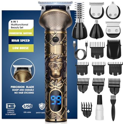 YIDON Maquina de Afeitar Hombre, Profesional Maquina de Cortar Pelo, Inalámbrico Cortapelos Hombre Kit 6 en 1 Para Barba, Pelos, Depilación Masculina, Recortadora de Barba Recargable con LED