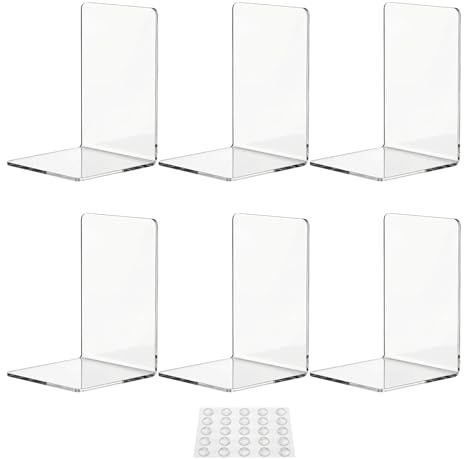 Lot de 6 serre-livres en acrylique transparent pour étagères, supports de livres pour étagère, butées de bbook, supports de livre pour maison, bureau, table, bibliothèque, supports de livres + 25