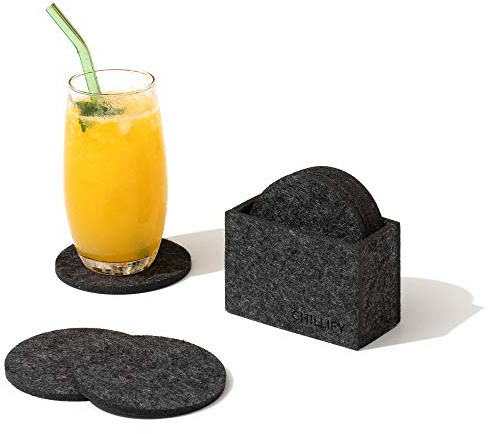 chillify Getränkeuntersetzer 8er Set I Untersetzer Filz Aufbewahrungsbox | Tischset rutschfest hitzebeständig waschbar | Gläser- und Tassenuntersetzer I Garten geeignet I dunkelgrau, rund