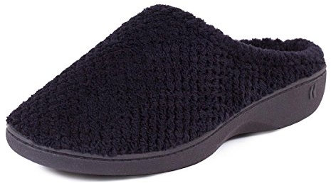 Isotoner Women's Popcorn Terry Mule Slippers Open Back, Black (Black), 4 UK