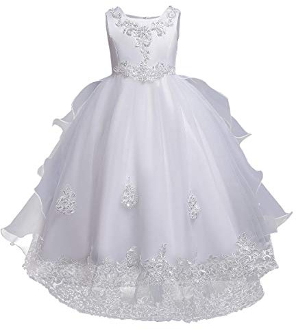 Flower Girls Sleeveless Floral Lace Tulle Princess Puffy Tulle Dress Bridesmaid Wedding Communion Party Pageant Birthday Maxi Formal Prom Evening Ball Gown for Kids White-Organza 2-3T