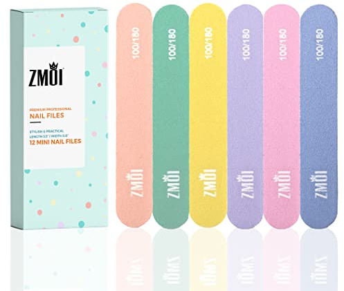 ZMOI Professional Mini Nail File – 12 Stylish - Practical Fingernail File Pack for Natural and Acrylic Nails 100/180 Emery Boards (Macaroon Color)