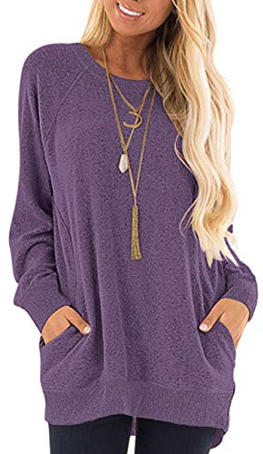 AUSELILY Top a Maniche Lunghe da Donna Camicette a Girocollo Casual Felpe Allentate Pullover d'Autunno con Tasche Viola 2XL