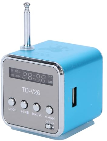 VILLCASE Radio Klein, Mini Digital Lautsprecher TD-V26, Tragbarer Musikplayer mit FM Radio, UnterstüTzt Micro USB Disk, Blau, Aluminiumlegierung, Ideal für Zuhause und Unterwegs