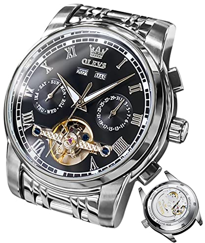 OLEVS Herrenuhren Automatik Schwarz Mechanische Armbanduhr mit Tourbillon Kalender Wasserdicht Leuchtende Uhren Männer