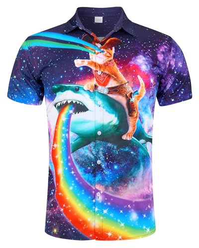 RAISEVERN Camiseta Hawaiana Vía Láctea Gatos Tiburones Arcoíris Divertidas Hombre Vintage Casual Estampada Cubana Playa Festival, XXL