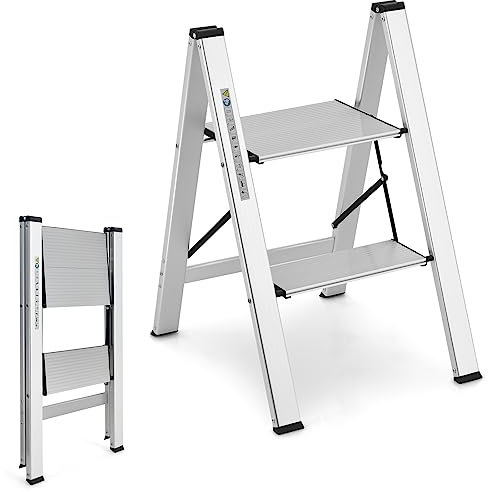 GYMAX Escabeau 2 Marches en Aluminium, Marchepied Pliable avec Pédale Large & Pieds Antidérapants, Charge 150 kg, Portable & Léger, pour Maison, Bureau, Garage