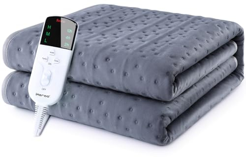 iHeroo Wärmeunterbett, 160x130cm Heizdecke mit Abschaltautomatik Überhitzungsschutz, Kuschelige Flanell Wärmedecke, 3 Wärmestufen 27℃-47℃, 12H Timer, LED-Anzeige, Waschbar, Grau