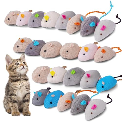 Adiwo Set di 24 Giocattolo per Topi per Gatti, Gatto Mouse Giocattoli, Topo di Peluche Giocattolo con Erba Gatta, Giocattolo di Erba Gatta Interattivo per Pulizia dei Denti, Coccolare e Giocare