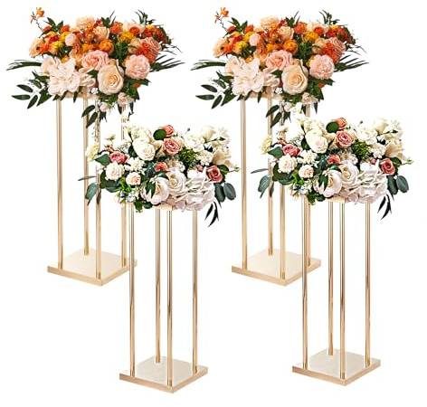 VEVOR 4PCS Gold Metal Column Wedding Flower Stand, 31.5inch High With Metal Laminate, Vase Geometric Centerpiece Stands, Cylindrical Floral Display Rack for Events Reception, Party Road Leads