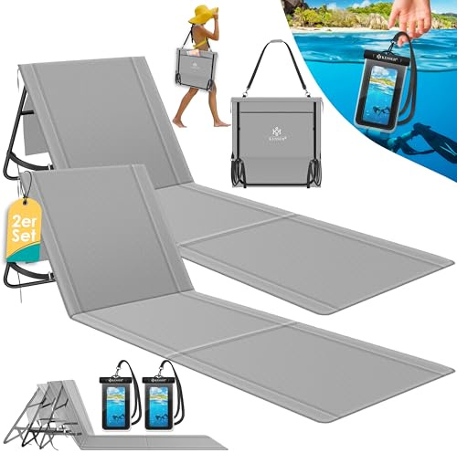 KESSER® Colchoneta de Playa Plegable con Respaldo Ajustable, Correa de Transporte, Funda Impermeable para Móvil y Bolsa de Almacenaje, Tumbona, hasta 130 kg, Set in 2 - Gris